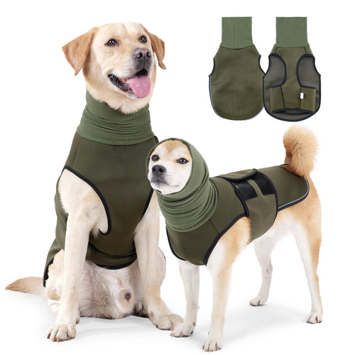 Chaleco antiestrés para perros con capucha en verde oliva, puesto en un labrador y un bulldog francés